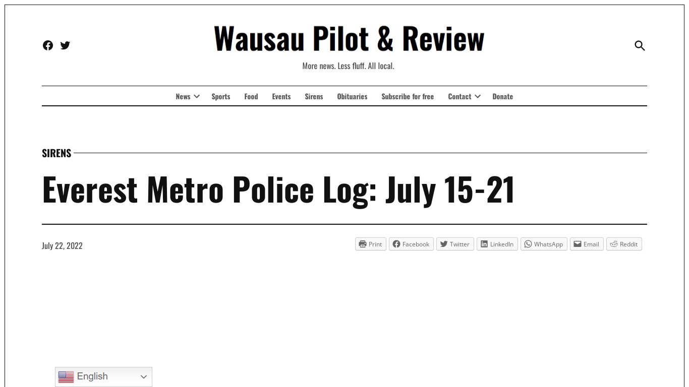 Everest Metro Police Log: July 15-21 - Wausau Pilot & Review