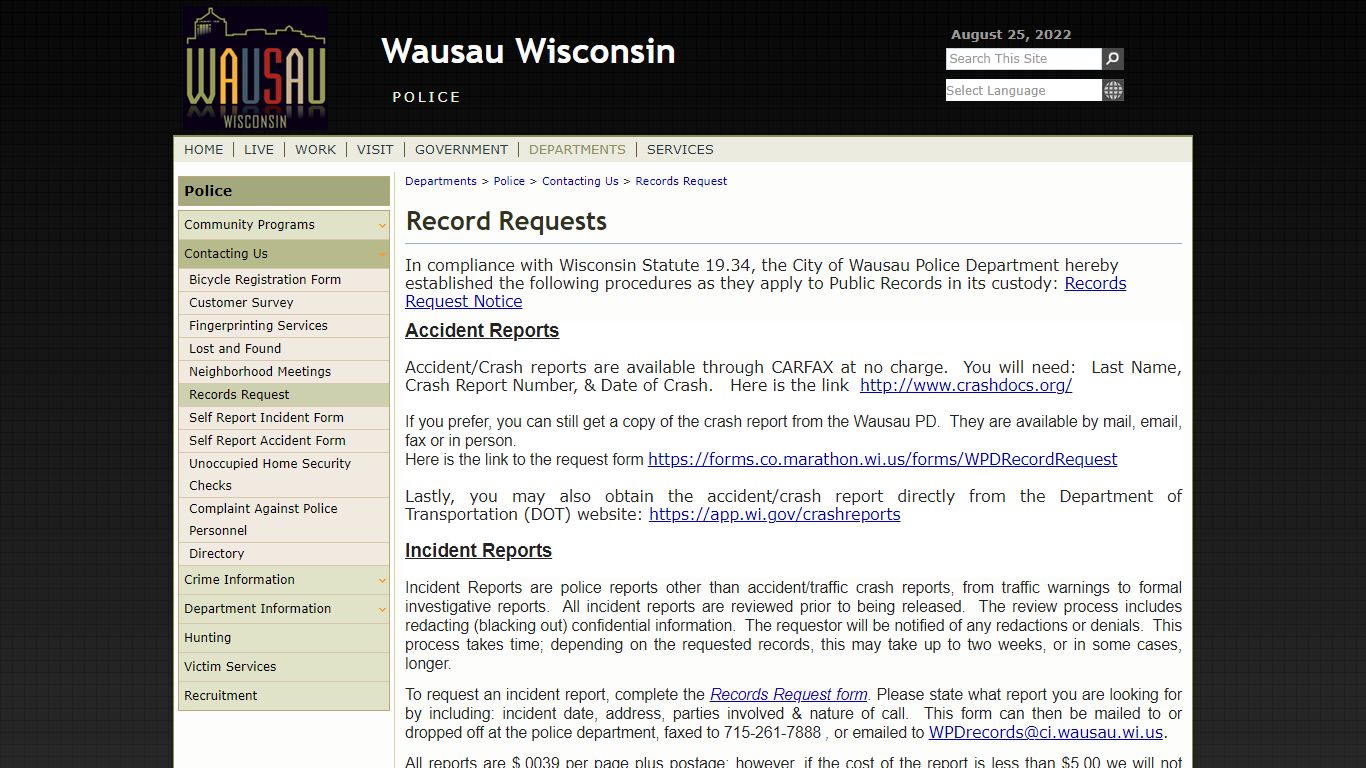 Records Request - Wausau, Wisconsin